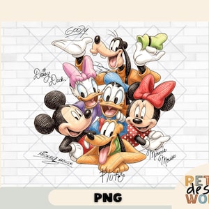 Może przedstawiać: Kolorowa ilustracja postaci Disneya, w tym Myszki Miki, Myszki Minnie, Kaczora Donalda, Kaczki Daisy, Goofy'ego i Plutona. Każda postać jest narysowana w szczeg&oacute;łowym stylu kresk&oacute;wkowym, z ich imionami napisanymi nad lub pod nimi. Tło to biała ceglana ściana.