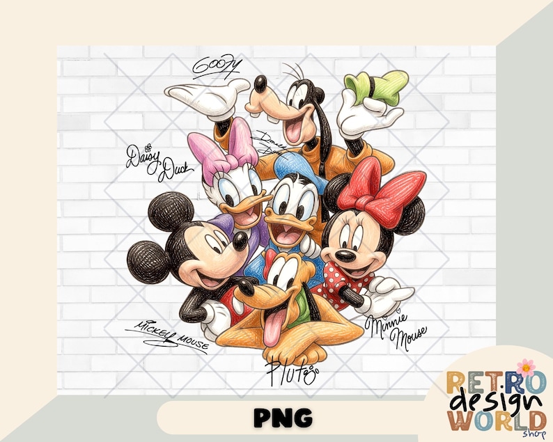 Może przedstawiać: Kolorowa ilustracja postaci Disneya, w tym Myszki Miki, Myszki Minnie, Kaczora Donalda, Kaczki Daisy, Goofy'ego i Plutona. Każda postać jest narysowana w szczeg&oacute;łowym stylu kresk&oacute;wkowym, z ich imionami napisanymi nad lub pod nimi. Tło to biała ceglana ściana.