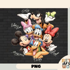 Może przedstawiać: Kolorowa ilustracja postaci Disneya, w tym Myszki Miki, Myszki Minnie, Kaczora Donalda, Kaczki Daisy, Goofy'ego i Pluto, na tle czarnej ściany z cegieł. Postacie są narysowane w szczeg&oacute;łowym stylu kresk&oacute;wkowym.