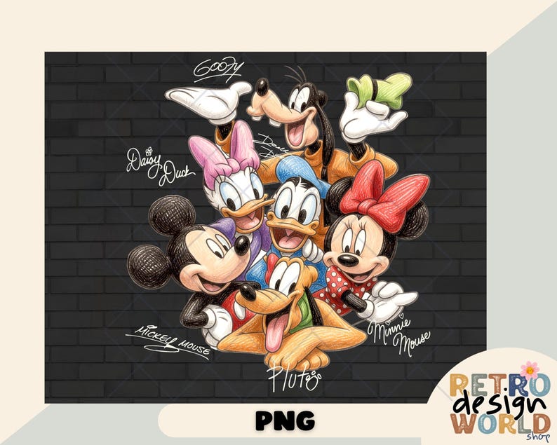 Może przedstawiać: Kolorowa ilustracja postaci Disneya, w tym Myszki Miki, Myszki Minnie, Kaczora Donalda, Kaczki Daisy, Goofy'ego i Pluto, na tle czarnej ściany z cegieł. Postacie są narysowane w szczeg&oacute;łowym stylu kresk&oacute;wkowym.