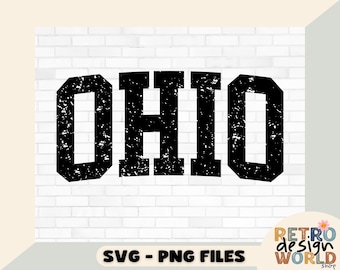 May include: Black and white distressed text graphic that reads "OHIO" on a white brick background. The graphic is for digital download and can be used for crafting projects.