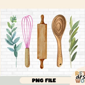 May include: A watercolor illustration of kitchen tools on a white brick background. The tools include a pink whisk, a wooden rolling pin, a wooden spoon, and two sprigs of greenery.