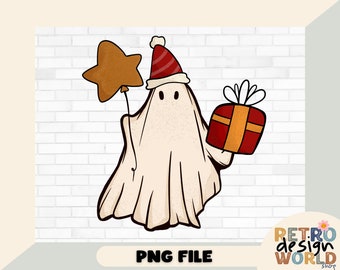 Cute Christmas Ghost Png, Christmas Ghost with Gift Png, Instant Download, Png Sublimation, Retro Christmas Shirt Png, Funny Png
