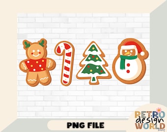 Christmas Gingerbread Cookies PNG, Santa Sublimation Design, Christmas Graphic Clipart, Retro Christmas Doddle Png, Snowman Png
