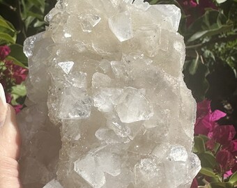 Spécimen XL en apophyllite avec diamant : calcite dorée, sucre druzy, hématite