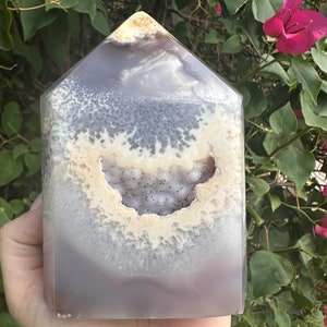 Beautiful Gray Lavender Druzy Agate Statement Tower with Intricate Banding from Brazil, 1.5 pounds!