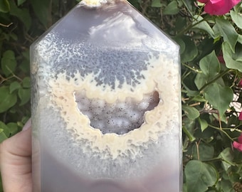 Beautiful Gray Lavender Druzy Agate Statement Tower with Intricate Banding from Brazil, 1.5 pounds!