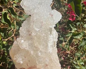 Exquise calcite optique dorée, diamantée de qualité AAA, recouverte d'apophyllite et stilbite pêche, provenant d'Inde