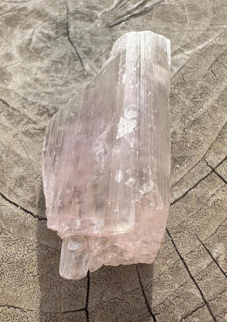 Puede incluir: Un gran cristal de selenita rosa claro, estriado y ligeramente transl&uacute;cido. El cristal descansa sobre una superficie de madera.
