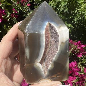 Incredible AAA Quality Chunky Chocolate Rainbow Druzy Agate Tower with Intricate Banding from Brazil, 1.3  lbs!