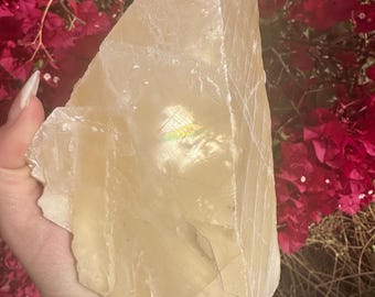 Spécimen XL de calcite optique dorée avec arcs-en-ciel, Inde