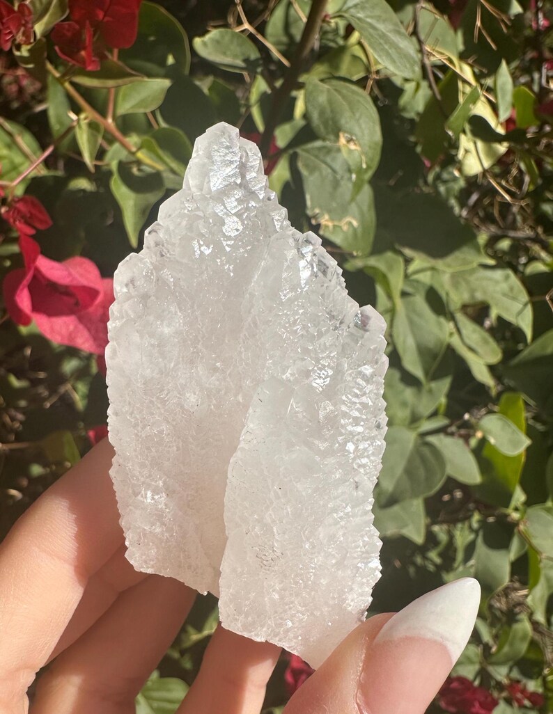 Puede incluir: Dos grupos de cristales de cuarzo blanco con una superficie rugosa y texturizada. Los cristales son transl&uacute;cidos y tienen una forma natural y org&aacute;nica.