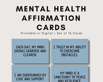 May include: Set of four blue affirmation cards with positive messages for mental health. The cards read: "Each day, my mind grows sharper and clearer." "I trust in my ability to overcome obstacles." "I am surrounded by love and support." "My mind is a sanctuary of peace and resilience."