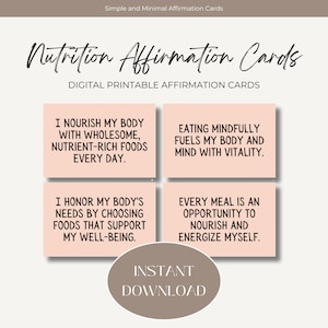 Lot de 16 cartes d'affirmation de la nutrition à imprimer avec citation positive numérique Cadeau pour une alimentation saine Prendre soin de soi Amour confiance en soi