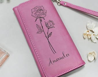 Personalized Birth Flower Leather Wallet Card Holder Birthday Mothers Day Gift for Women gift for Mom Custom Wallet Billfold Purse Strap