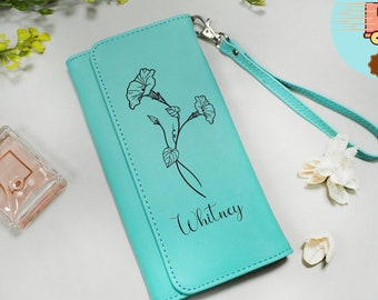 Personalized Birth Flower Leather Wallet Card Holder Birthday Mothers Day Gift for Women gift for her Custom Wallet Birth Month Flower Purse