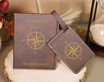 Personalized Passport Holder & Luggage Tag Travel Set, Custom Leather Passport Cover, Engraved Leather Luggage Tag, Holiday Gift for Couple