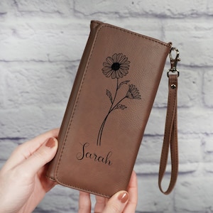 Custom Birth Flower Leather Wallet, Card Holder Birthday Mother&#39;s Day Gift for Women for her Custom Wallet Purse Billfold Anniversary Gift