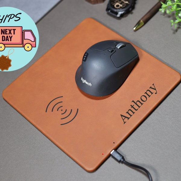 Custom Charging Mat, Personalized Leather Wireless Charger, Personalized Phone Charger,  Coworker Gift, Gift for Him & Her, Office Gifts