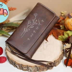 Cartera de cuero personalizada para mujer, monedero de cuero personalizado, cartera de cuero para mujer con cremallera, cartera de cuero personalizada para ella, regalo de Navidad