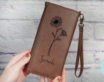 Birth Flower Leather Wallet with Wrist Strap, Custom Purse, Gift for Her, Christmas Gift, Personalized Billfold, Anniversary Gift for Women
