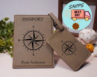 Personalized Passport Holder & Luggage Tag Travel Set, Custom Leather Passport Cover, Engraved Leather Luggage Tag, Holiday Gift for Couple