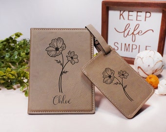 Custom Birth Flower Passport Holder,Custom Luggage Tag Travel Set,Leather Engraved Cover Gift for Her,Personalized Gift for Mom Sister Bride