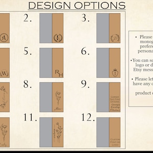 May include: Twelve design options for a personalized leather journal. The designs include monograms, initials, floral patterns, and custom text. The journal is made of brown leather and has a gray background.