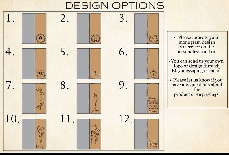 May include: Twelve design options for a personalized leather journal. The designs include monograms, initials, floral patterns, and custom text. The journal is made of brown leather and has a gray background.