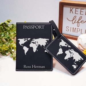 Personalized Passport Holder & Luggage Tag Travel Set, Custom Leather Passport Cover, Engraved Leather Luggage Tag, Holiday Gift for Couple