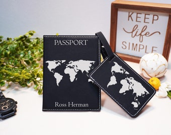 Personalized Passport Holder & Luggage Tag Travel Set, Custom Leather Passport Cover, Engraved Leather Luggage Tag, Holiday Gift for Couple