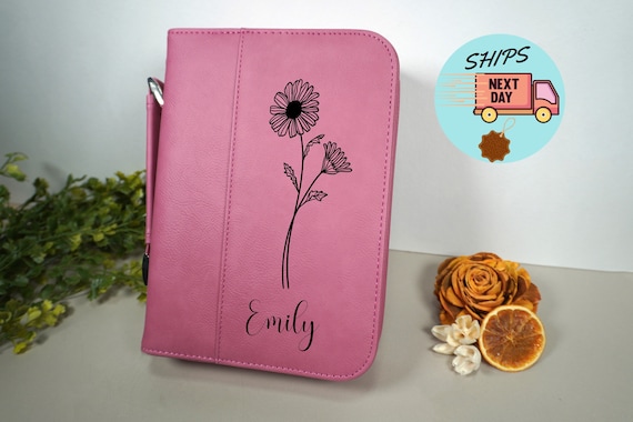 Birth Flower Bible Cover, Custom Leather Bible Cover,  Custom Book Cover,  Personalized Bible Case, Birthday Gift for Her,Religious Gift