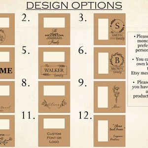 May include: Twelve design options for a personalized engraved sign. Each option features a different design with text, a monogram, or a floral motif. The designs include "The Walker Family", "The Anderson Family", "The Smith Family", "Home", "The Brown Family", "Victoria & Daniel", "Alice", and "Your text here."