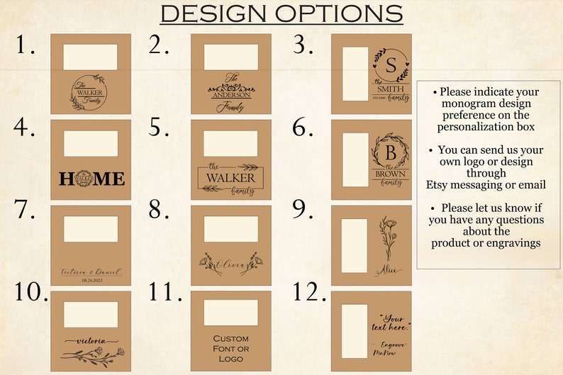 May include: Twelve design options for a personalized engraved sign. Each option features a different design with text, a monogram, or a floral motif. The designs include "The Walker Family", "The Anderson Family", "The Smith Family", "Home", "The Brown Family", "Victoria & Daniel", "Alice", and "Your text here."
