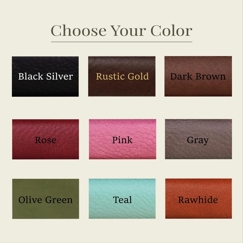 K&ouml;nnte beinhalten: Ein Farbauswahl-Leitfaden mit dem Text "W&auml;hle deine Farbe". Neun Farboptionen werden angezeigt: Schwarz Silber, Rustikales Gold, Dunkelbraun, Rose, Pink, Grau, Olivgr&uuml;n, T&uuml;rkis und Rohleder.