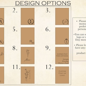 May include: Twelve design options for personalized boxes. The options include monograms, initials, floral designs, and custom text. The text "CORNER TEXT FONT OPTIONS." is shown in a box with the text "Georgia Kensley Vladimir Script".