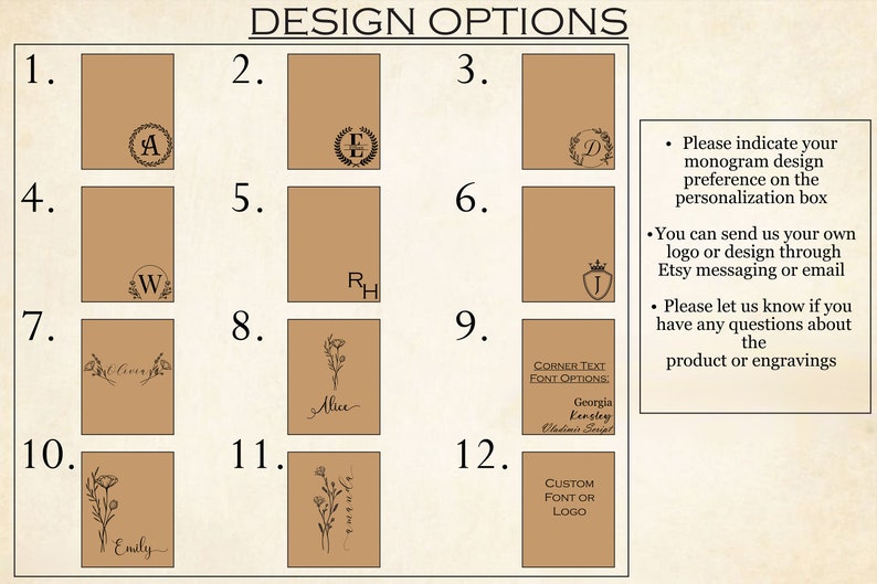 May include: Twelve design options for personalized boxes. The options include monograms, initials, floral designs, and custom text. The text "CORNER TEXT FONT OPTIONS." is shown in a box with the text "Georgia Kensley Vladimir Script".