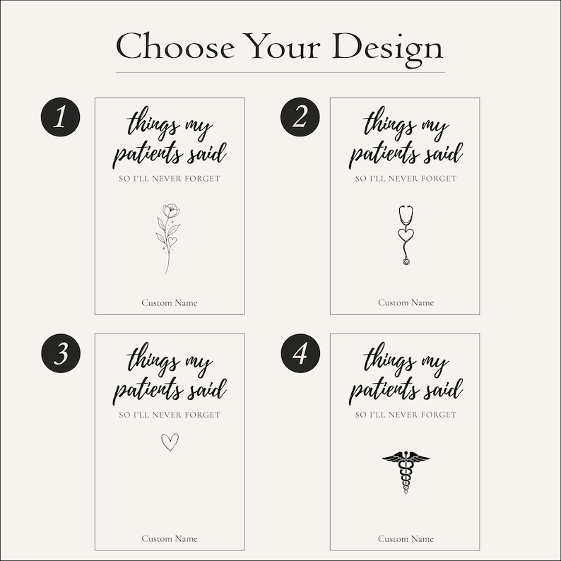 K&ouml;nnte beinhalten: Grafik zur Designauswahl mit dem Text "Choose Your Design". Vier Optionen werden pr&auml;sentiert, jede mit dem Satz "things my patients said, so I'll never forget". Jedes Design enth&auml;lt ein anderes Symbol: eine Blume, ein Stethoskop, ein Herz und ein medizinisches Symbol.