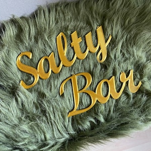 Op de afbeelding: Goudkleurig "Salty Bar" bord met een cursief lettertype, weergegeven op een groen, pluche oppervlak.