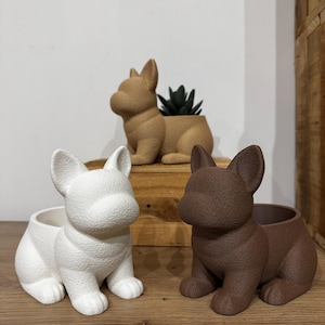 Op de afbeelding: Drie keramische bulldog planters in wit, bruin en beige. De planters zijn gevormd als zittende bulldogs met open bovenkanten voor planten. Eén beige planter bevat een kleine vetplant. De planters staan op een houten oppervlak.
