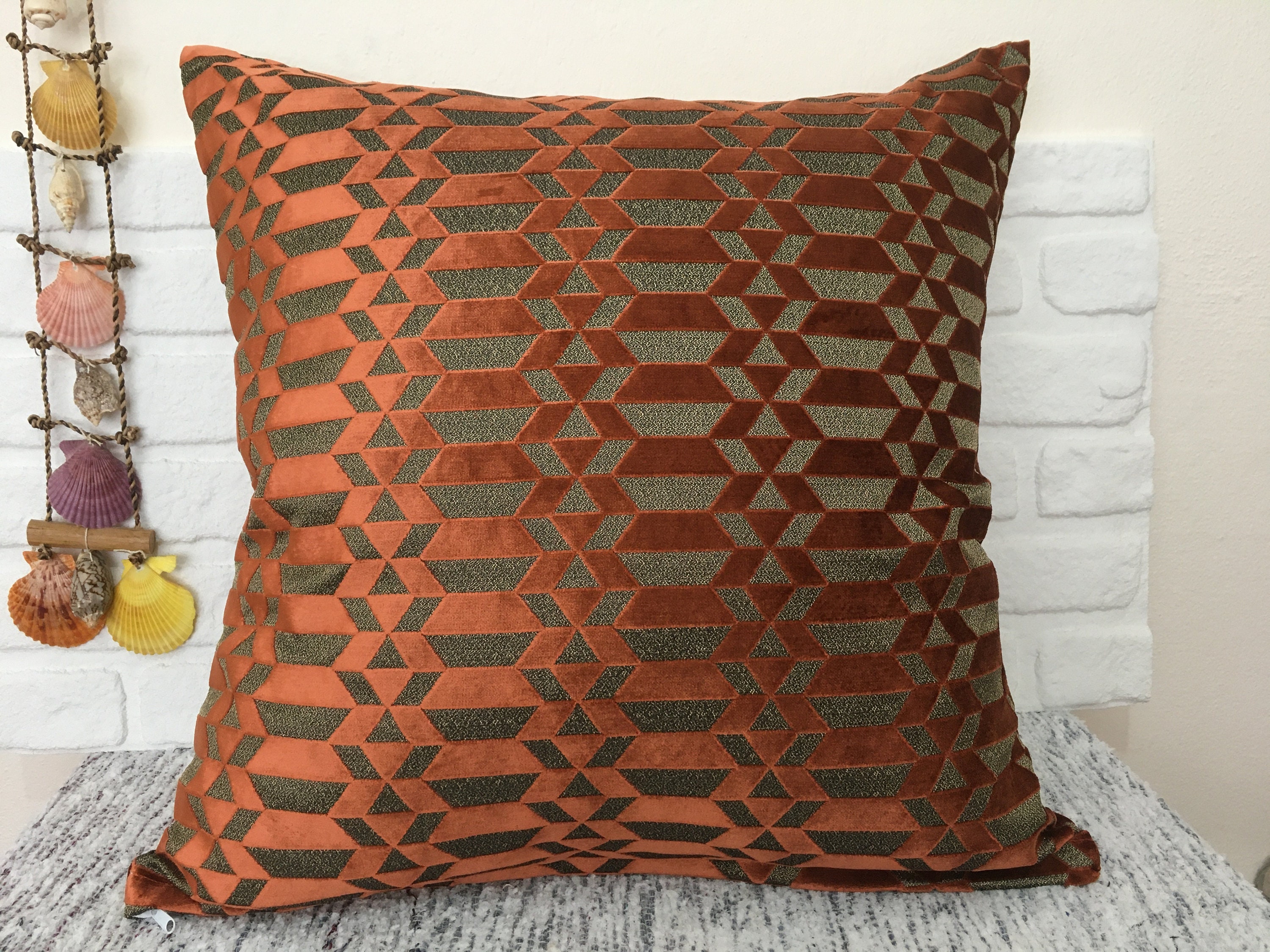 Rust Boho Pillow Cover, Rust Euro Sham Cover, Basketweave Throw Pillow