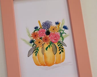 Pumpkin Bouquet Watercolor Print: Bright Floral Fall Decor (Digital Art Print)