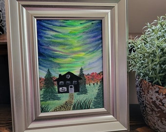 Northern Lights Autumn Scene Print Aurora Borealis Fall Landscape Watercolor Painting Night Sky over Cabin Artwork