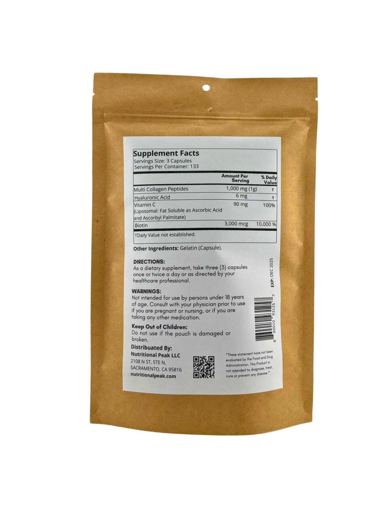 Cápsulas de péptidos de colágeno Nutritional Peak + ácido hialurónico + vitamina C liposómica + biotina – 399 cápsulas imagen 4