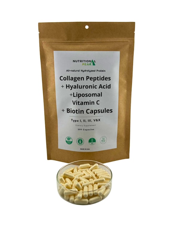 Nutritional Peak Collagen Peptides + Hyaluronic Acid + Liposomal Vitamin C + Biotin Capsules – 399 Capsules