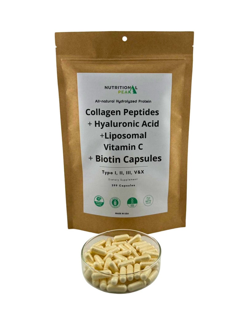 Cápsulas de péptidos de colágeno Nutritional Peak + ácido hialurónico + vitamina C liposómica + biotina – 399 cápsulas imagen 1