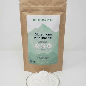 May include: A brown paper pouch of Nutritional Peak Glutathione with Inositol dietary supplement, 5oz (142g), featuring a mountain graphic and white powder in a clear dish. The label lists immune health, calming properties, and relaxation.