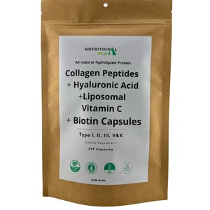 Cápsulas de péptidos de colágeno Nutritional Peak + ácido hialurónico + vitamina C liposómica + biotina – 399 cápsulas imagen 2