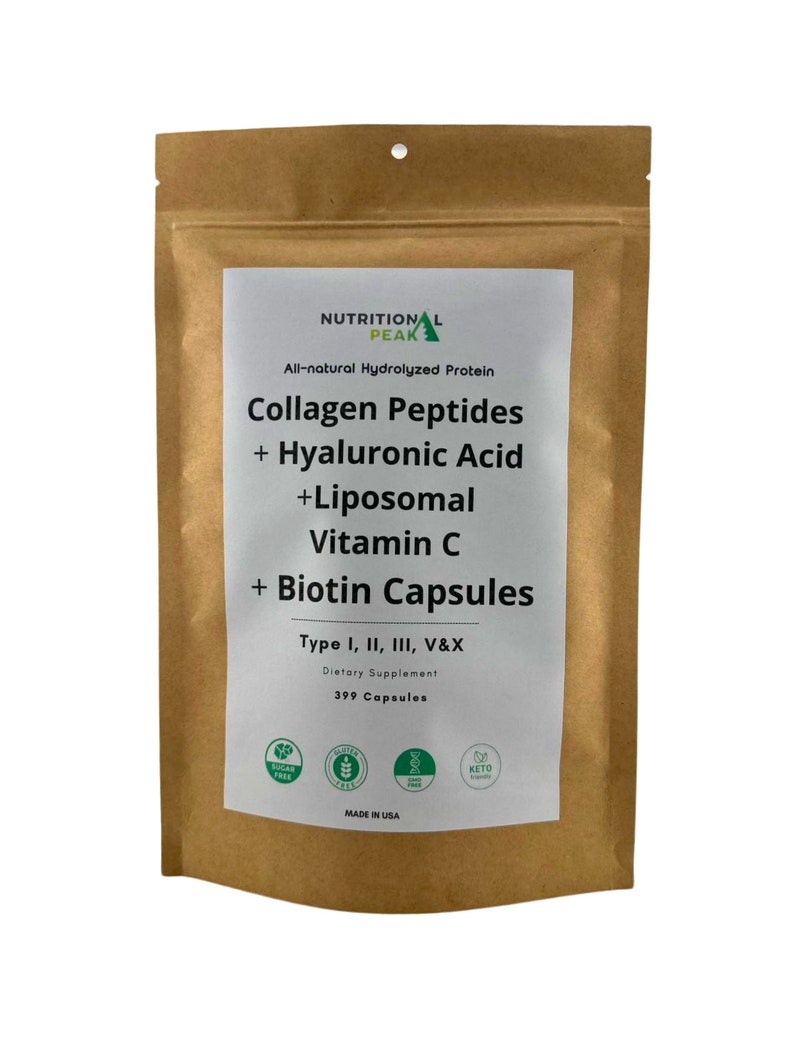 Cápsulas de péptidos de colágeno Nutritional Peak + ácido hialurónico + vitamina C liposómica + biotina – 399 cápsulas imagen 2