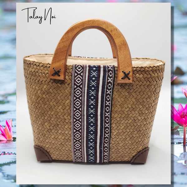 Krajood Hand-Crafted Bag with Traditional Fabric Accents and Wooden Arch Handle - Phattalung Artistry